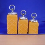 60002YL-RING-SIL CERAMIC CANISTER SET ROPE YELLOW W/ RING SILVER LIDS